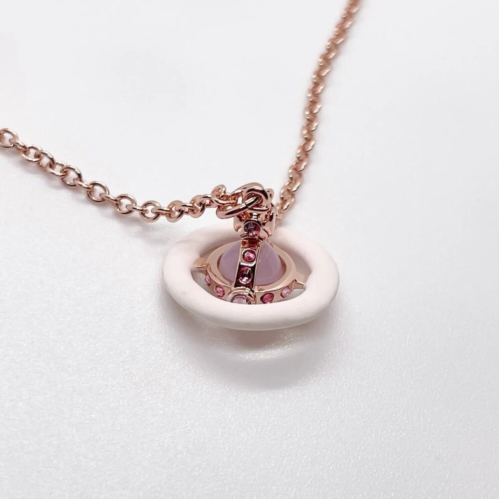 Vivienne Westwood Petite Original Pink Orb Rose Gold Crystal Saturn Necklace